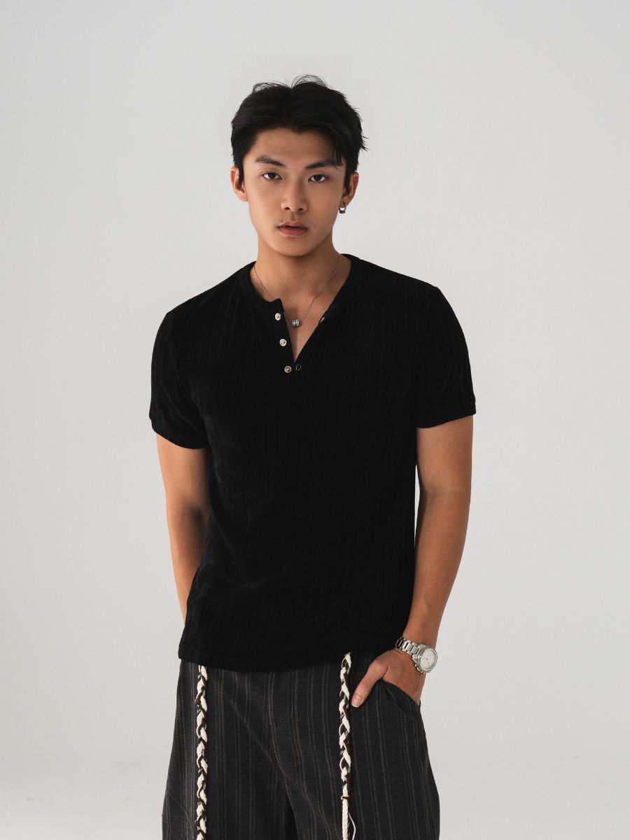 American Vintage Washed Snow-Effect Ribbed Knit Henley Tee