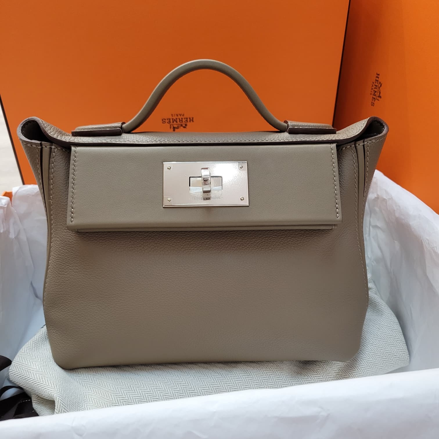 UNUSED Hermes mini 2424 etoupe ck EVERCOLOR /SWIFT 大象灰銀扣