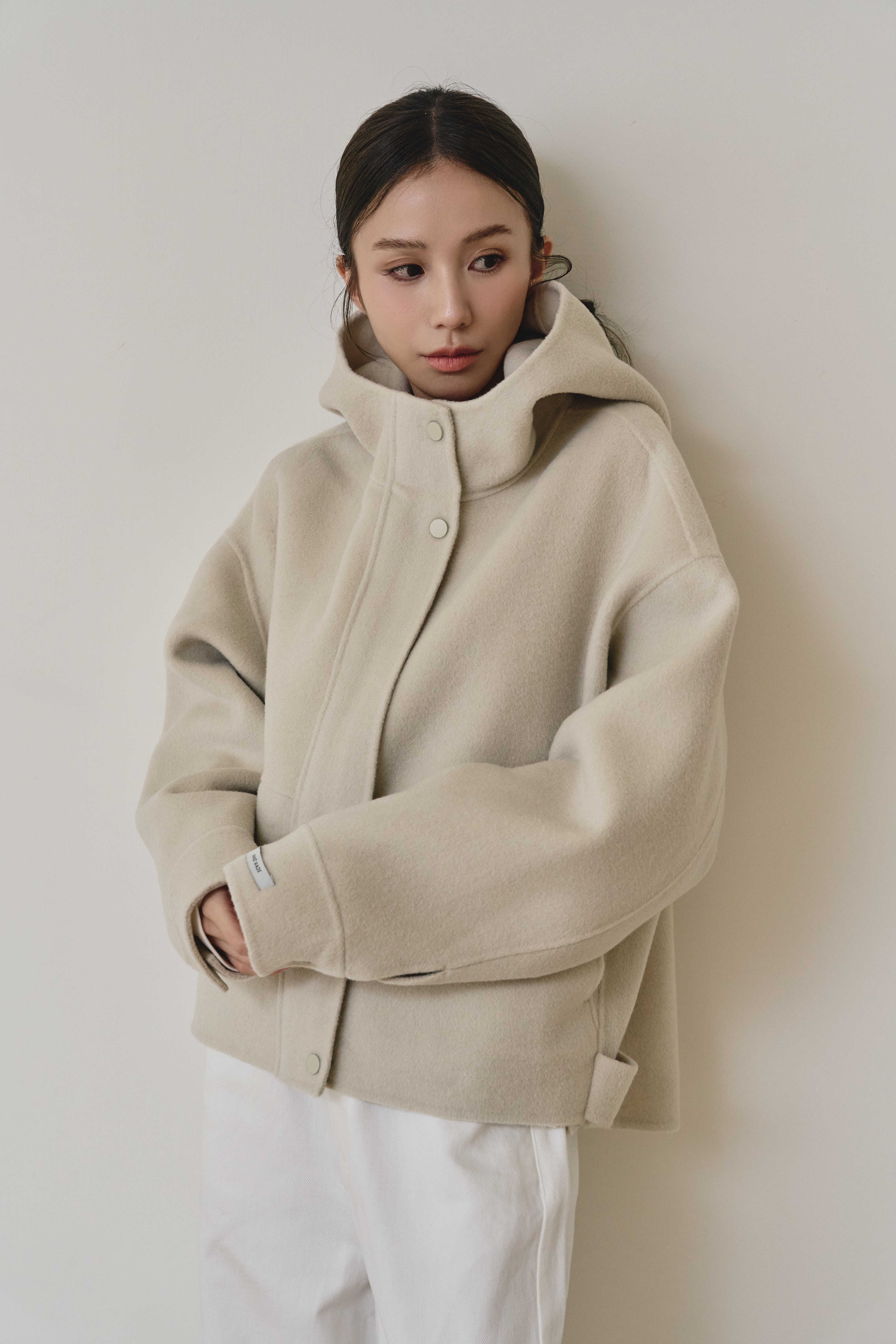 【早鳥】100% wool 立領連帽手工羊毛大衣-杏白