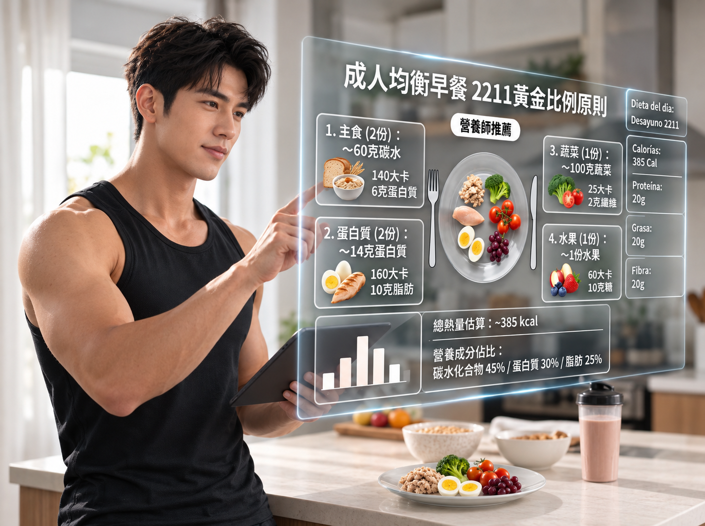 營養師推薦的「2211黃金比例原則」: 主食2份、蛋白質2份、蔬菜1份、水果1份