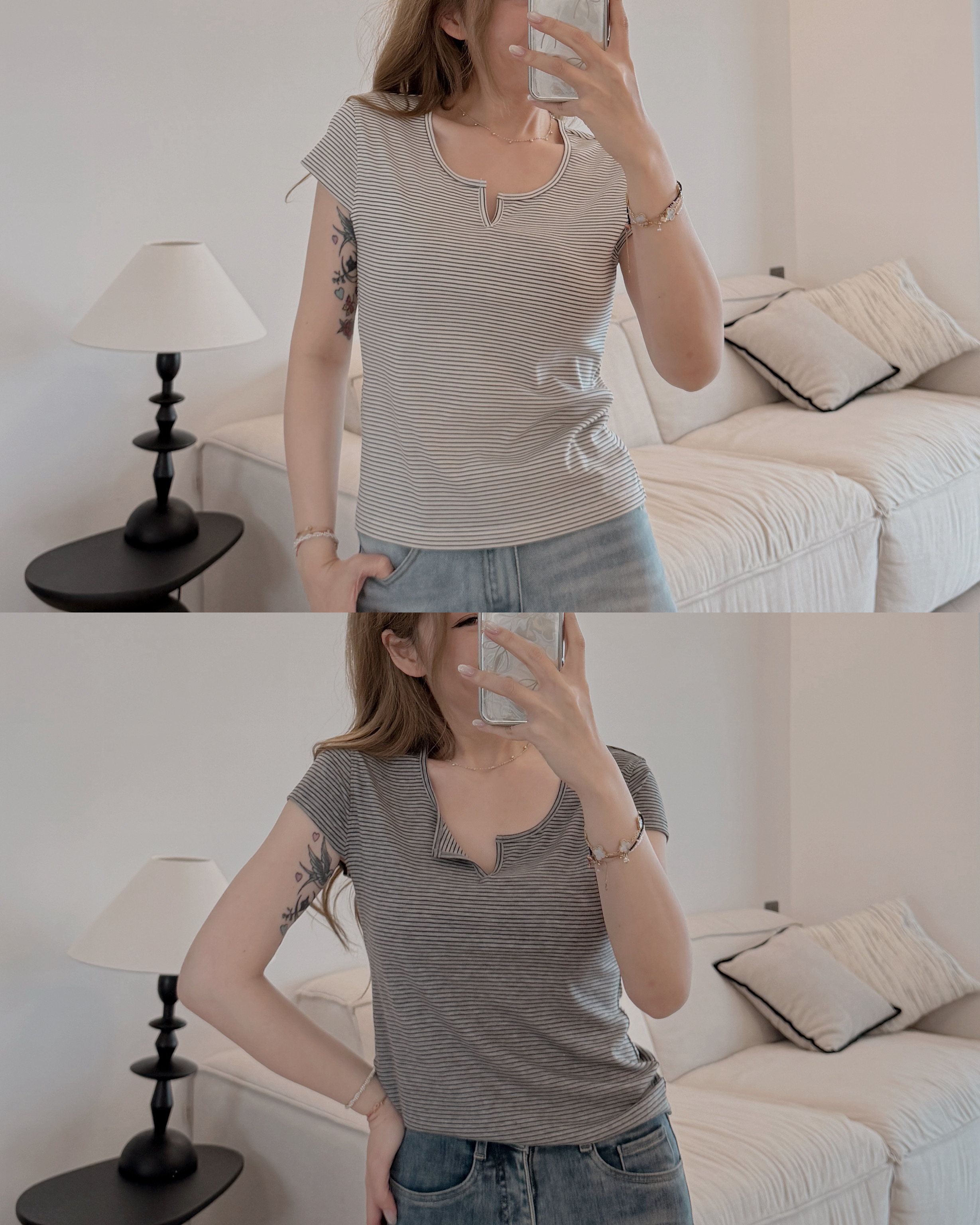 現貨 7491 小V領軟糯間條Tee