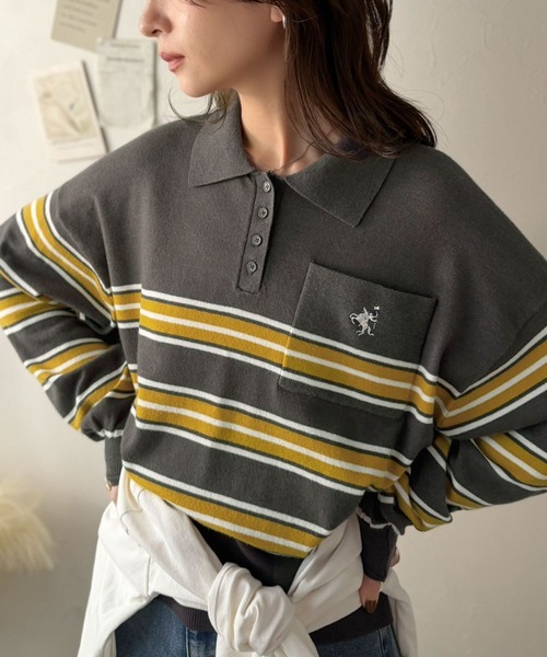 日本🇯🇵連線 Classical ELF 胸口刺繡條紋橄欖球風寬鬆針織衫 oversize 復古 刺繡 條紋 寬鬆 針織 上衣 4色(任買兩件711免運)/預購