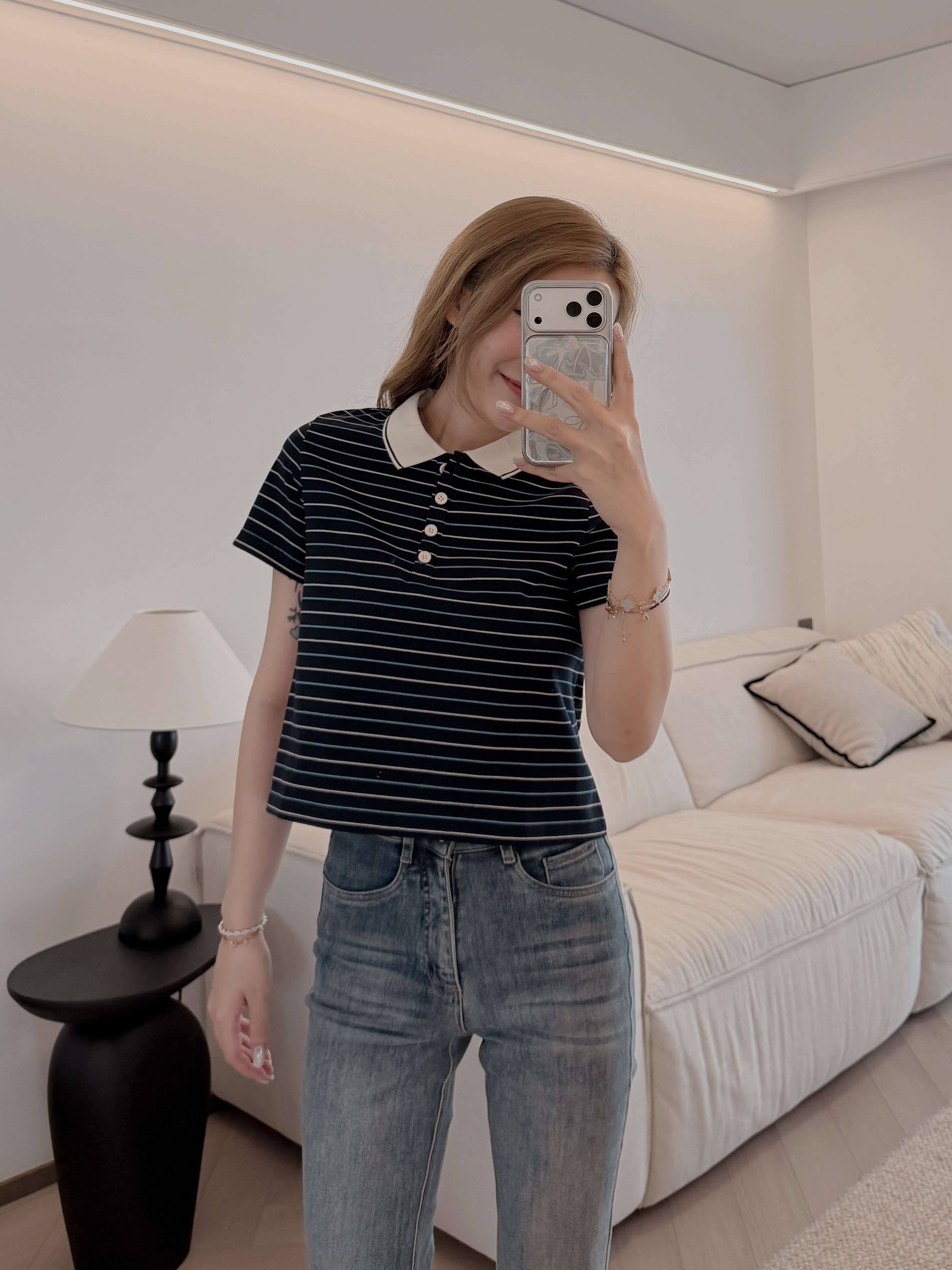現貨 7539 翻領間條Polo Tee
