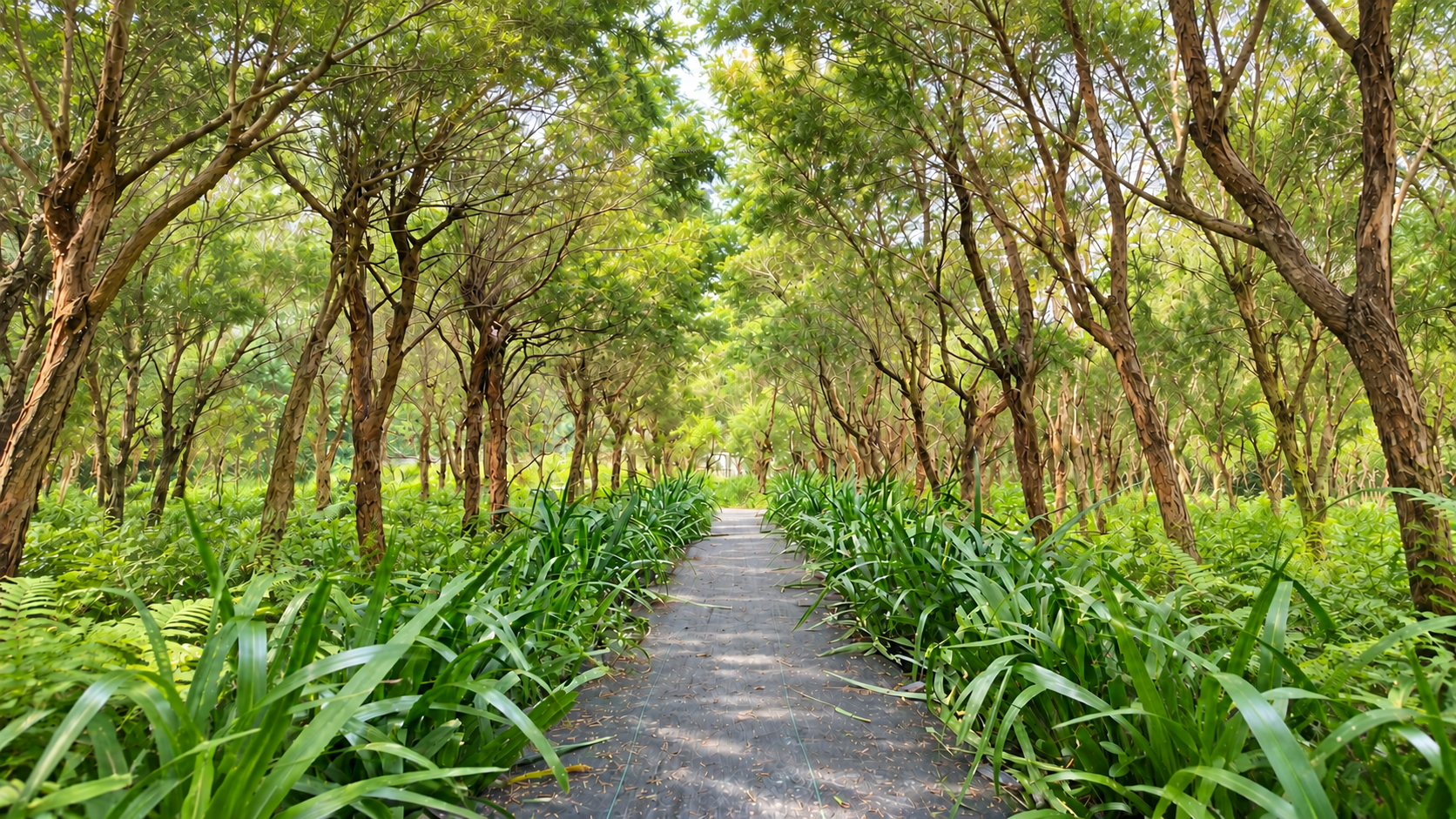 茶樹林間的小徑與自然光影