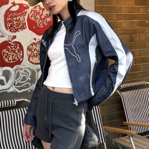 PUMA T7 短版立領外套 牛仔布拼接 休閒 藍白/米杏 兩色 639806-16/639806-87
