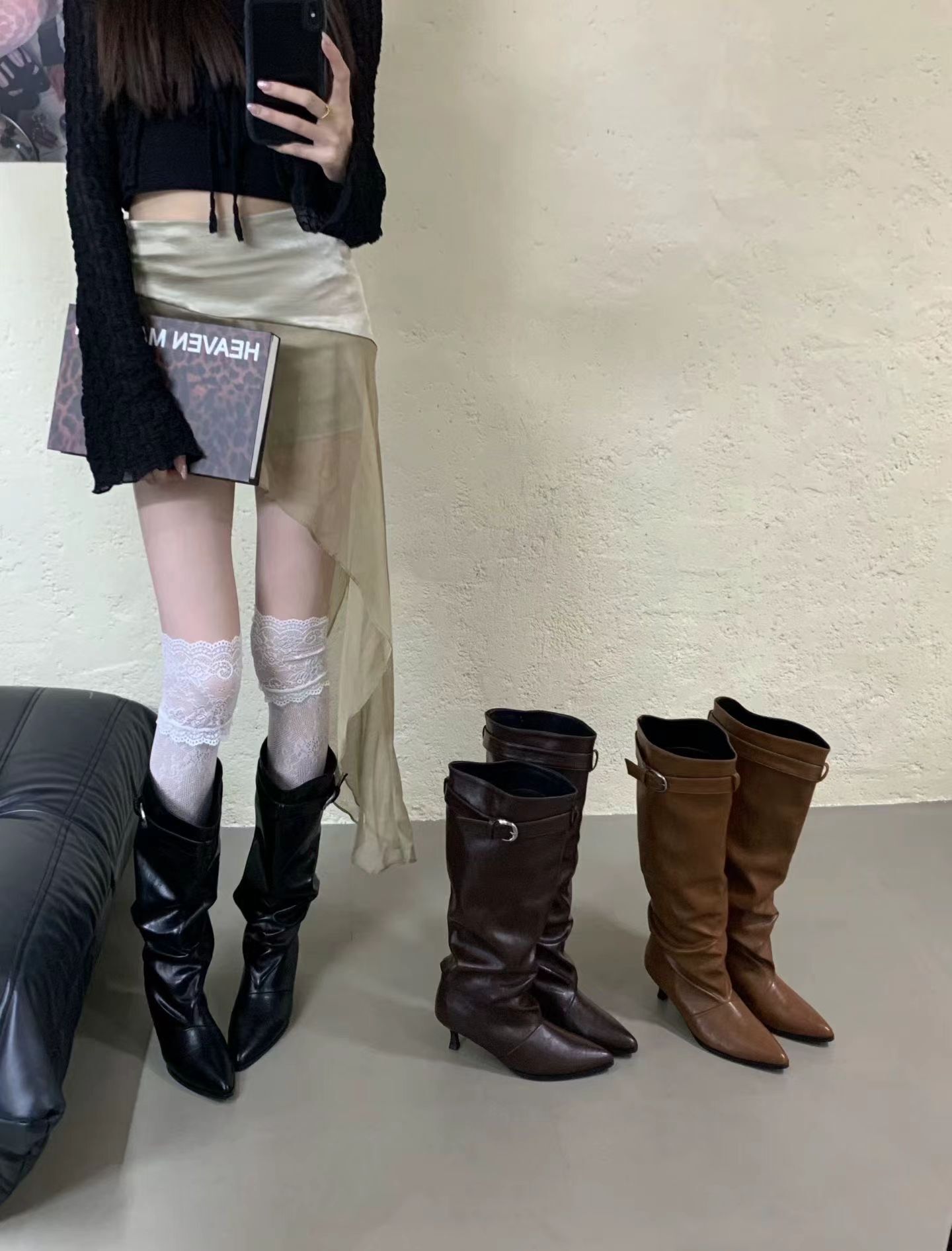自帶美感皮革細跟長靴