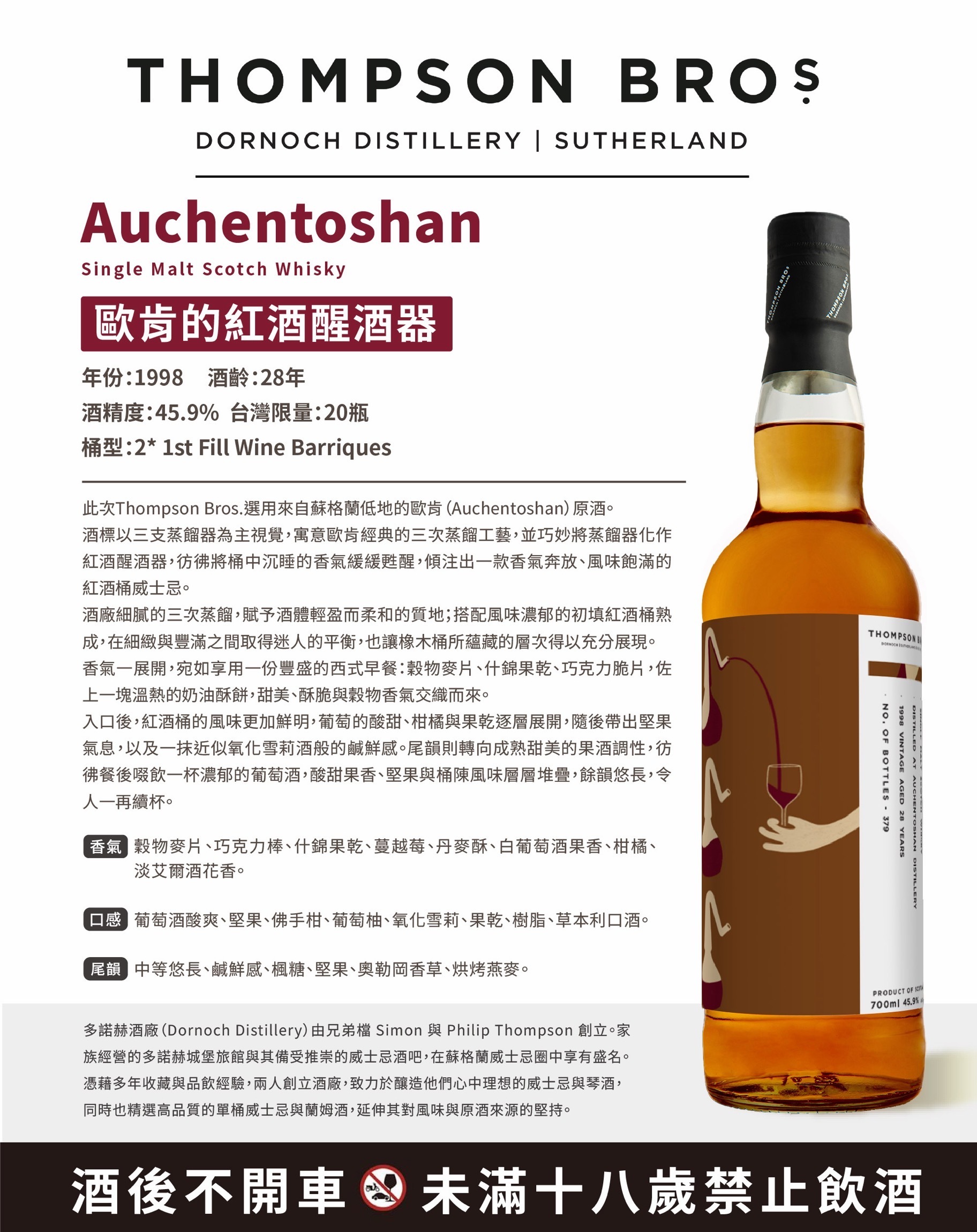 Auchentoshan 1998/2026 28YO 1st Fill Wine Barriques 45.9% Thompson Bros. (現金價 $1630）