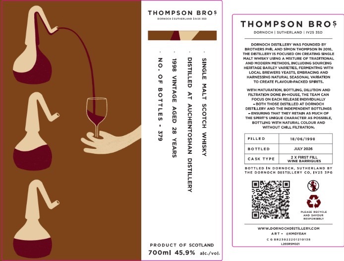 Auchentoshan 1998/2026 28YO 1st Fill Wine Barriques 45.9% Thompson Bros. (現金價 $1630）