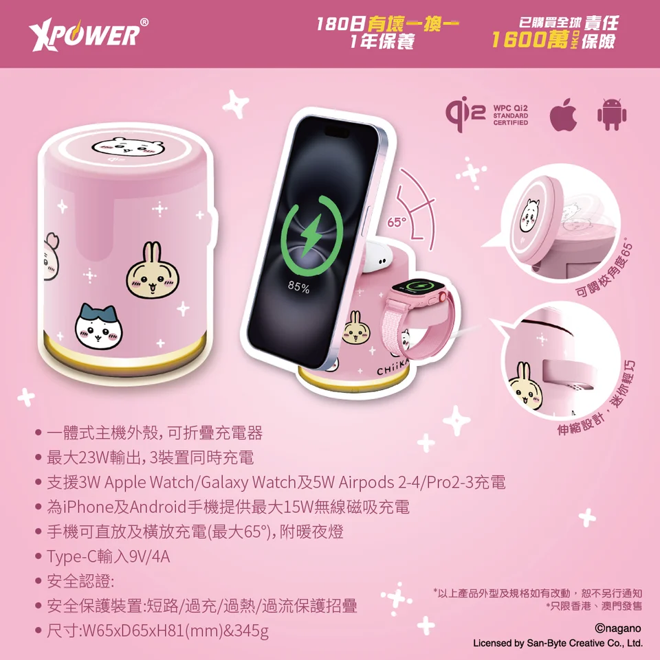 CHIIKAWA 系列GE1 Qi2迷你掌心5合1 MagCharge 15W磁吸無線充電座