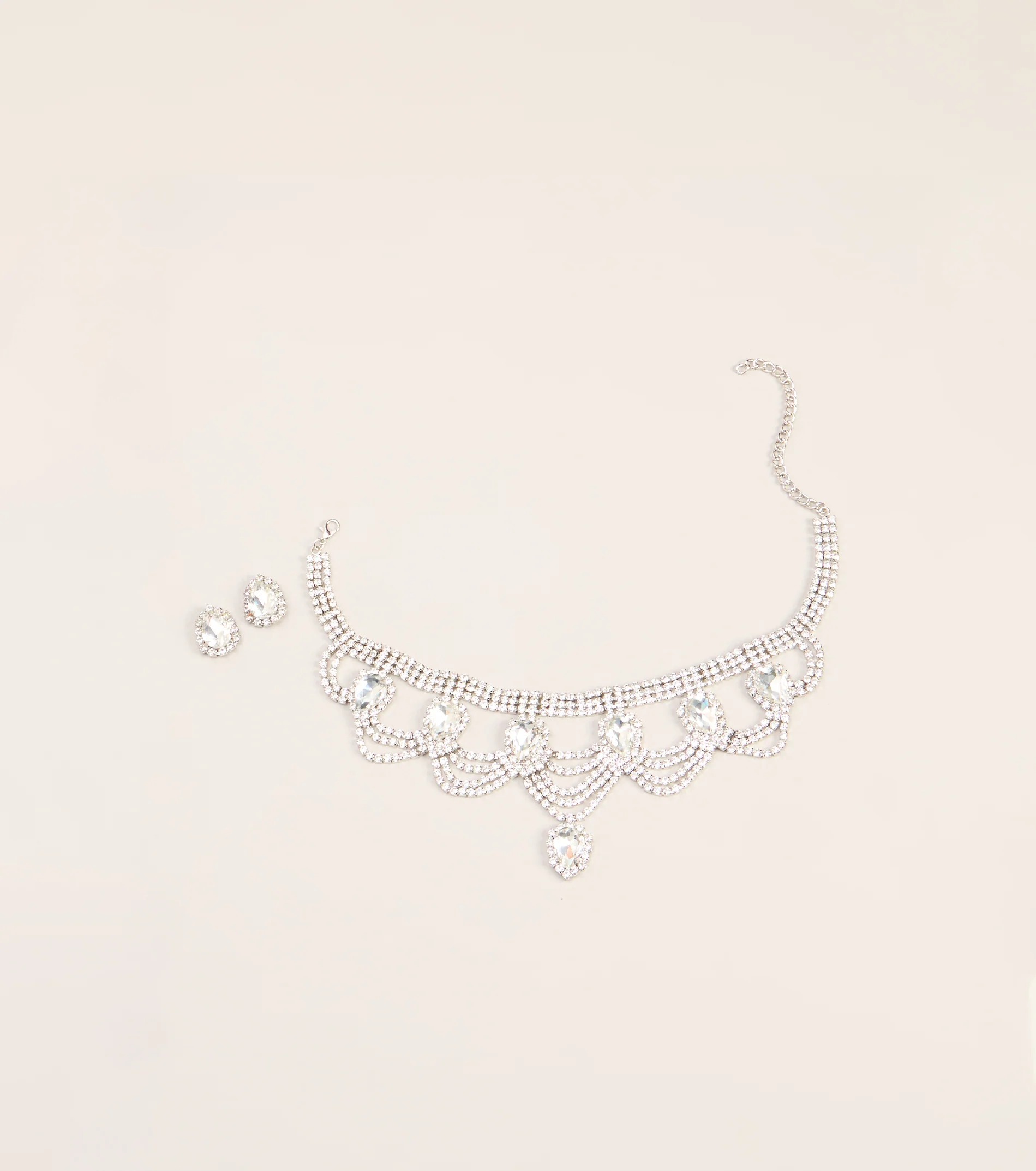 Lux Silver銀色水鑽寶石垂飾項鍊+耳環套組