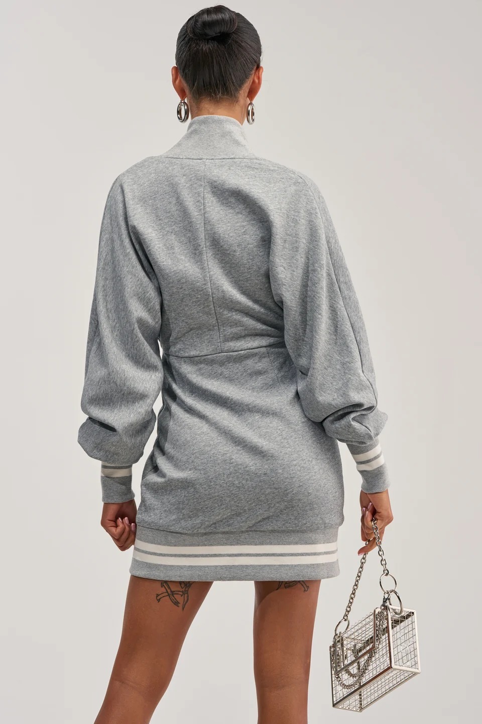 Ice Grey冰灰色深V領拉鍊Mini Dress