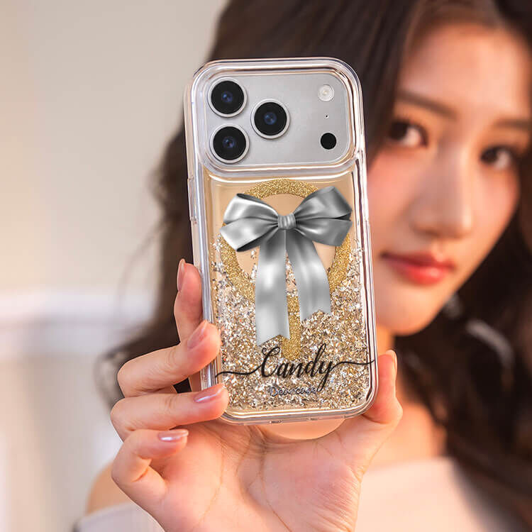 蝴蝶結緞帶(灰) (MagSafe磁吸) 閃耀金鏡面殼 - (訂製名字) iPhone客製化手機殼