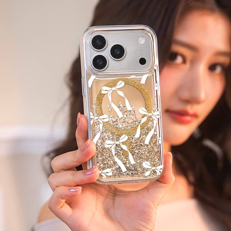 白色蝴蝶結緞帶 (MagSafe磁吸) 閃耀金鏡面殼 - (訂製名字) iPhone客製化手機殼