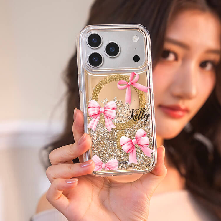 甜美韓風蝴蝶結 (MagSafe磁吸) 閃耀金鏡面殼 - (訂製名字) iPhone客製化手機殼