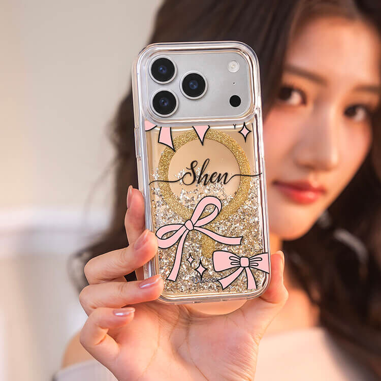 粉色優雅蝴蝶結 (MagSafe磁吸) 閃耀金鏡面殼 - (訂製名字) iPhone客製化手機殼