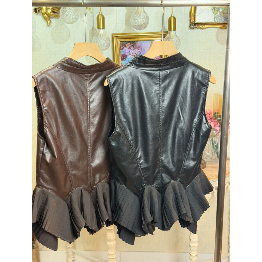 HKCG0917-014 荷葉襉皮感背心(A14啡/B14黑)