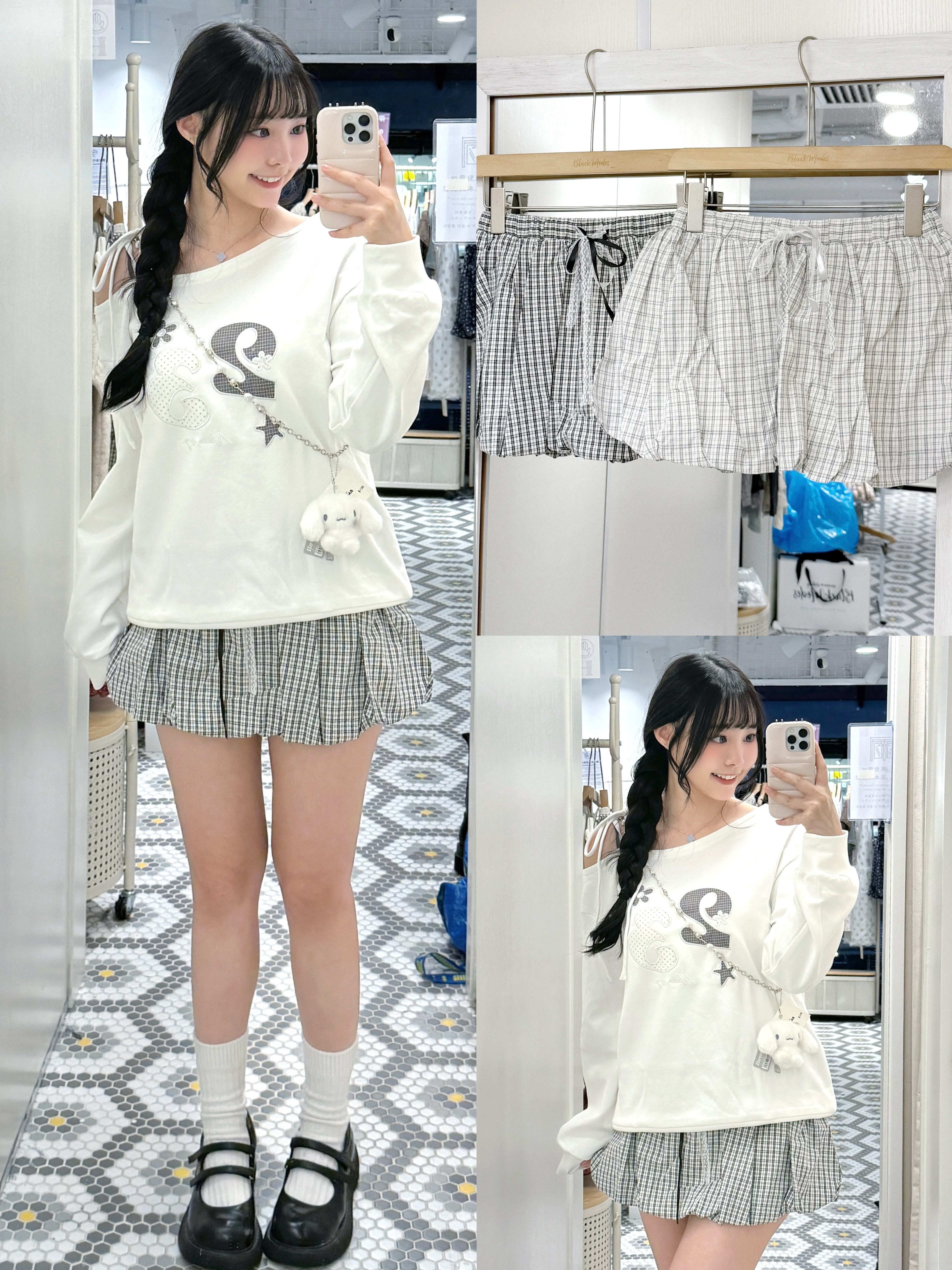D0658｜超可愛⪩ ⪨ ꠹ 格紋蕾絲絲帶泡泡短裙褲