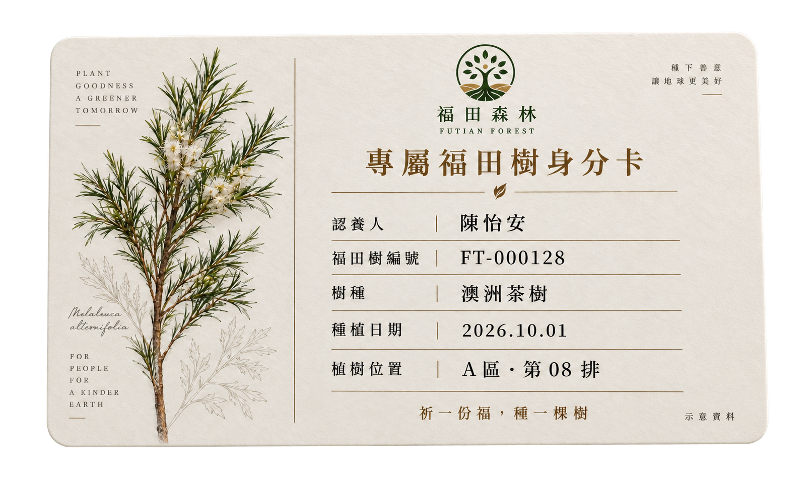 專屬福田樹身分卡設計示意