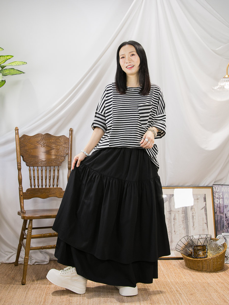 胸位袋．拼色 橫間COTTON料TOP