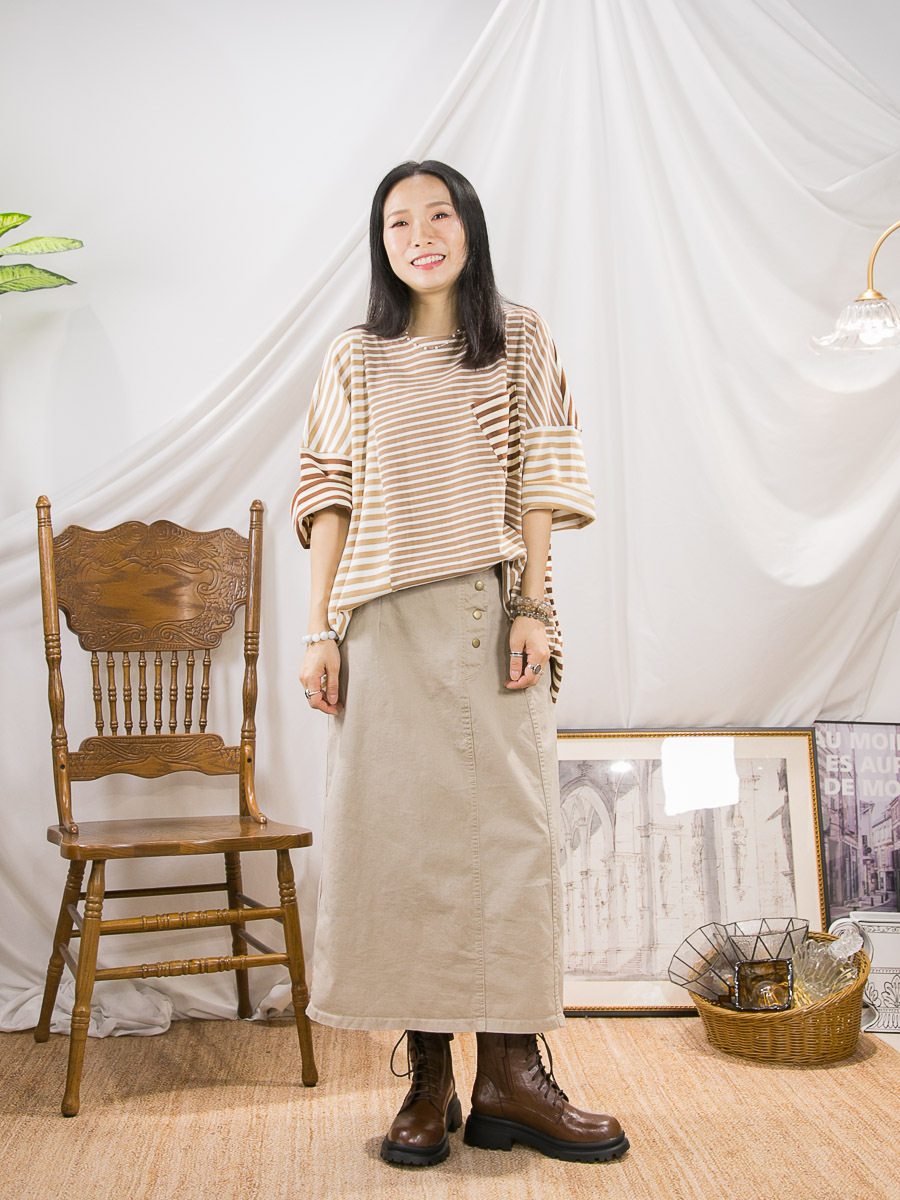 胸位袋．拼色 橫間COTTON料TOP