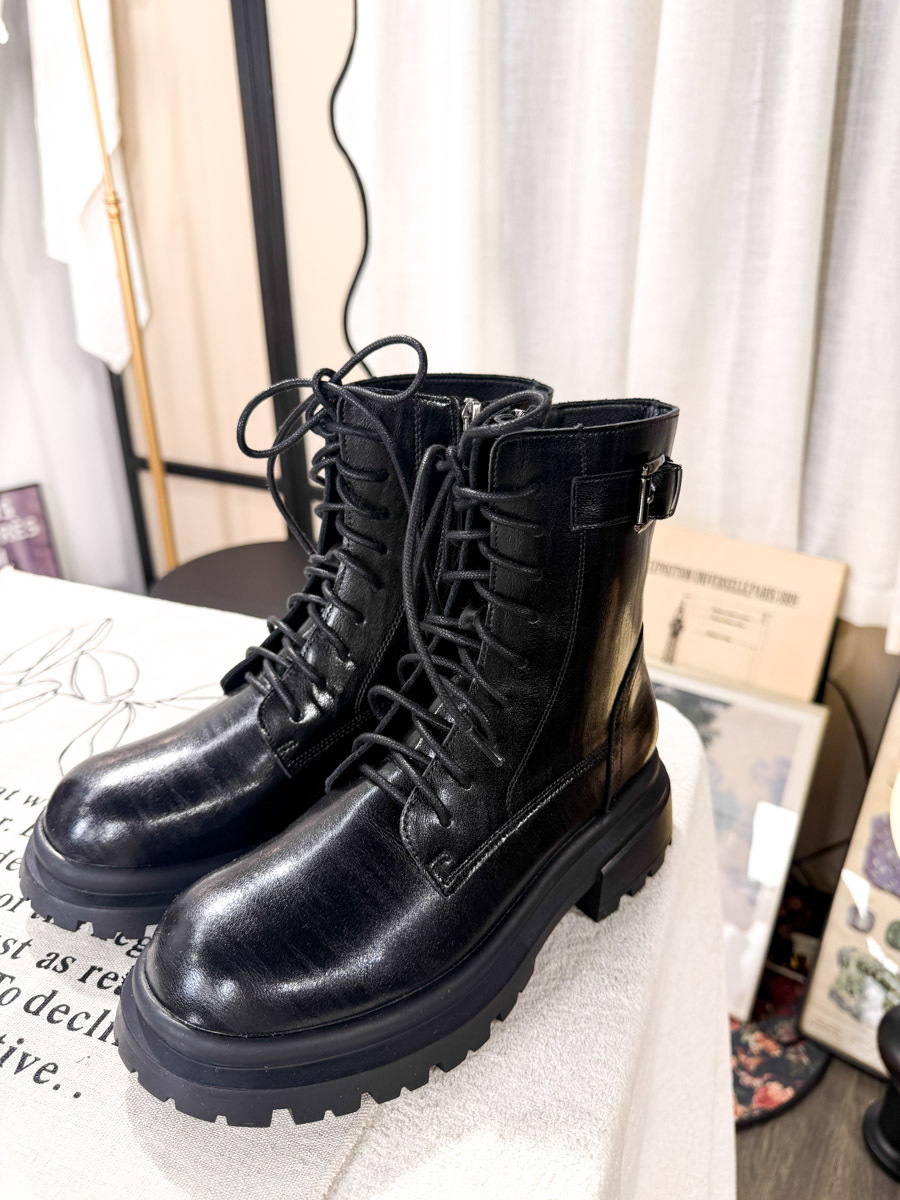 內拉鏈．綁帶 真皮 厚底短BOOTS【不設退換】