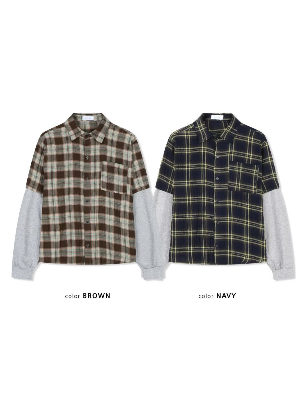 假兩件格仔長袖恤衫 GATHER-074S