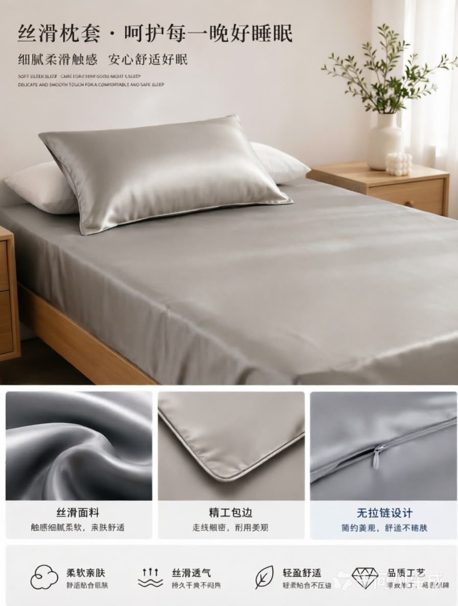 AB260917 - S6-金蠶絲 枕套（淺駝灰） -48cm*74cm 0.168kg-絲光綢