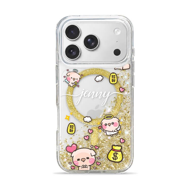【插畫聯名】萌萌豬 滿滿萌萌豬 香檳金貝拉殼 (MagSafe兼容) - iPhone客製化防摔手機殼