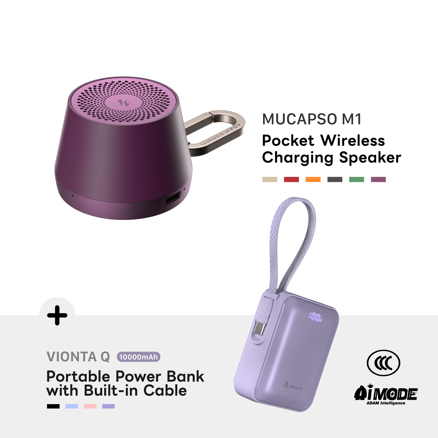 MUCAPSO M1 Pocket Wireless Charging Speaker + VIONTA Q Portable Power Bank with Built-In Cable