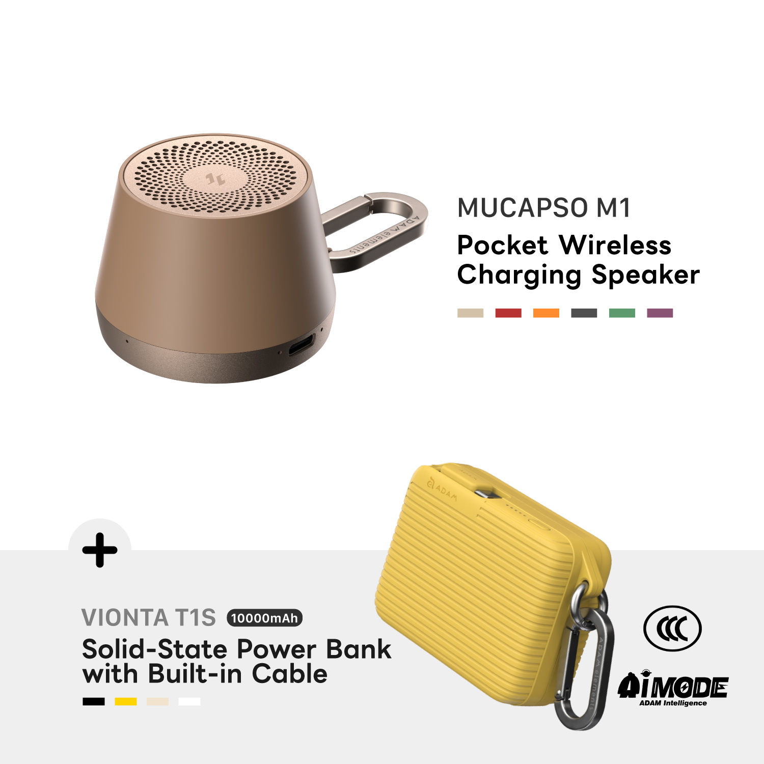 MUCAPSO M1 Pocket Wireless Charging Speaker + VIONTA T1S 10000mAh Solid-State Power Bank with Built-In Cable