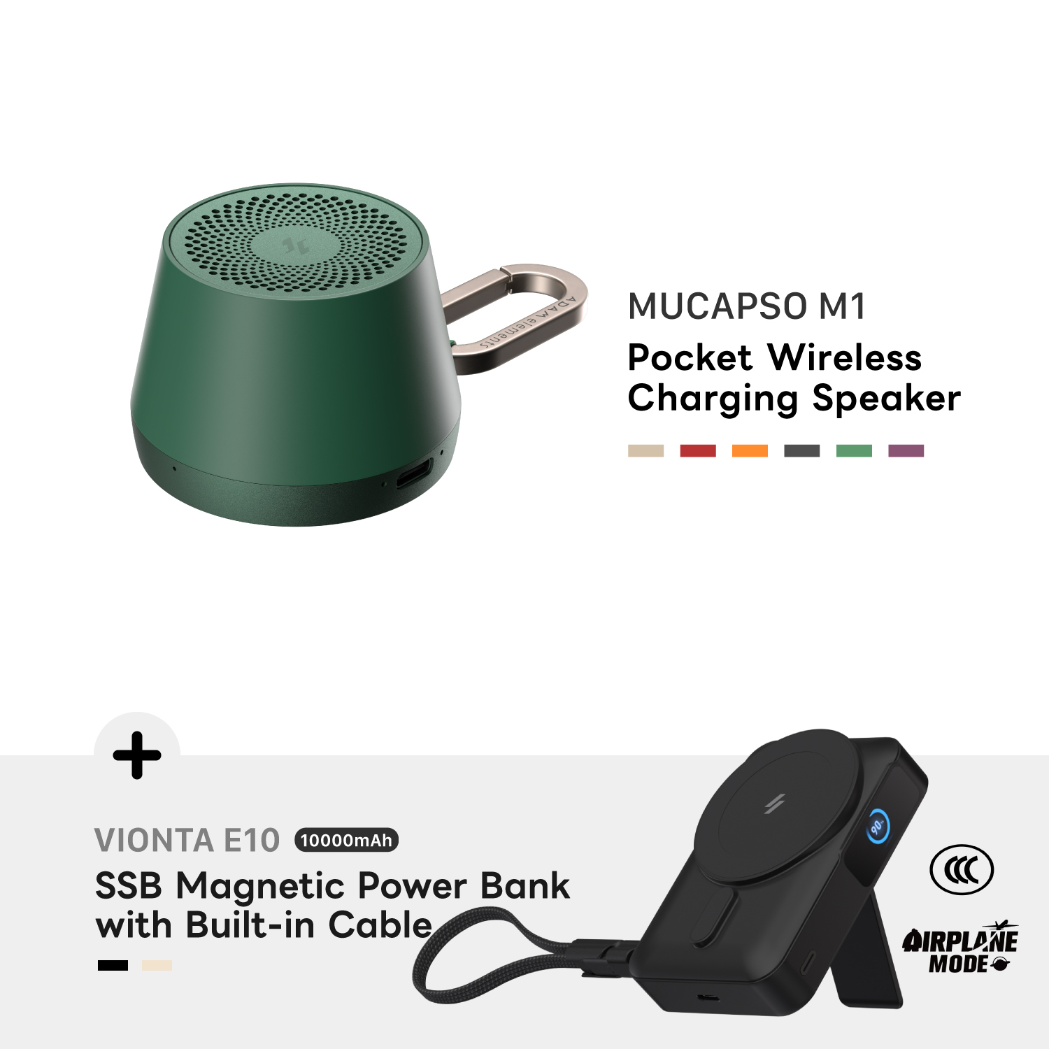 MUCAPSO M1 Pocket Wireless Charging Speaker + VIONTA E10 Solid-State Power Bank with Foldable Stand 10000mAh