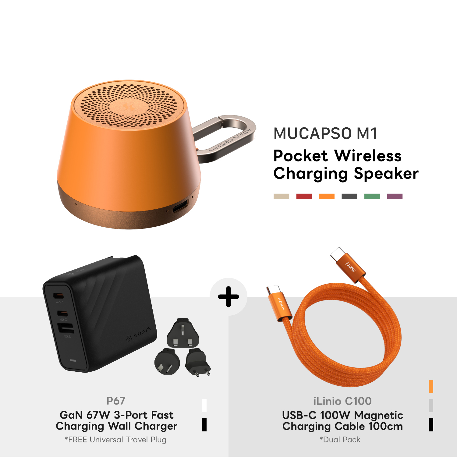MUCAPSO M1 Pocket Wireless Charging Speaker + P67 GaN 67W 3-Port Fast Charging Wall Charger + iLinio C100 USB-C to USB-C 100W Magnetic Charging Cable (2-Pack)