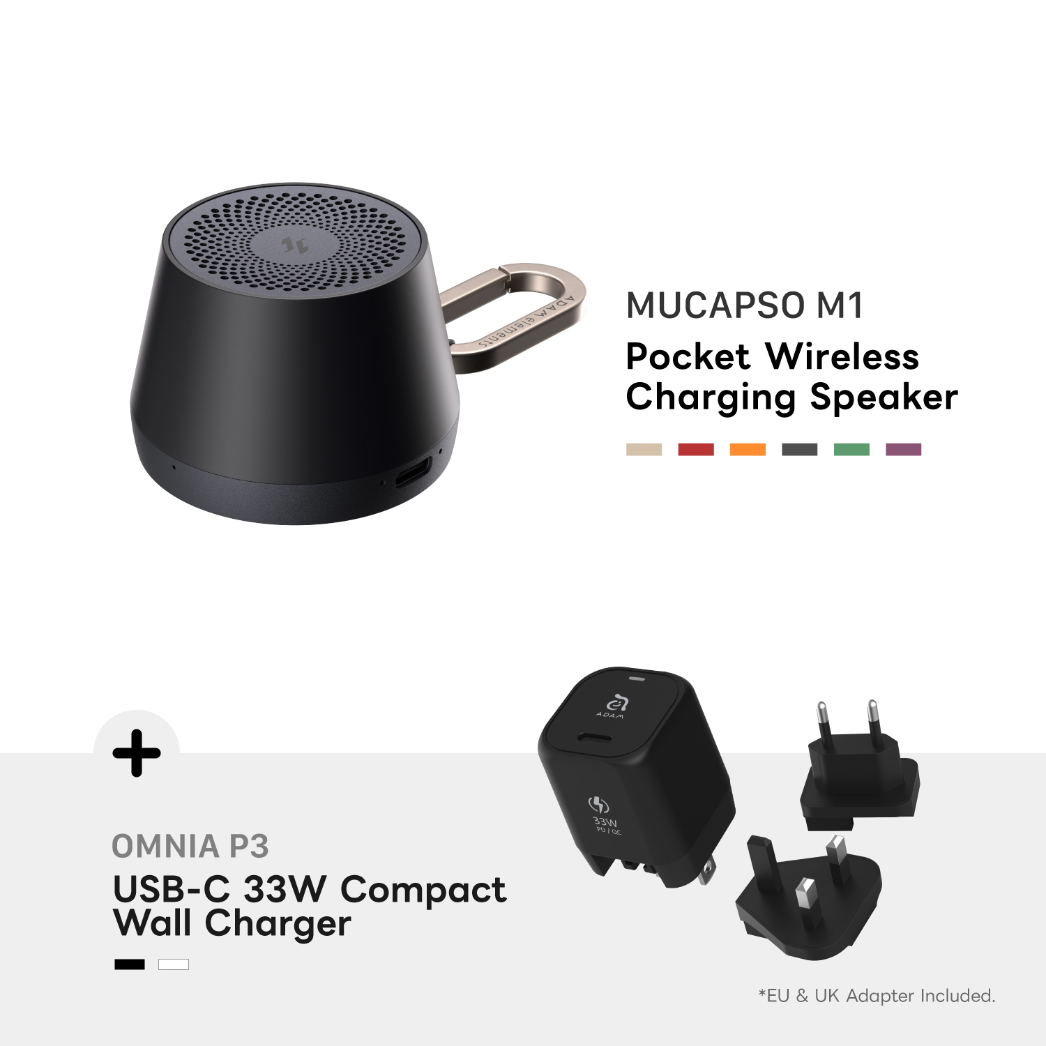 MUCAPSO M1 Pocket Wireless Charging Speaker + OMNIA P3 USB-C 33W Compact Wall Charger