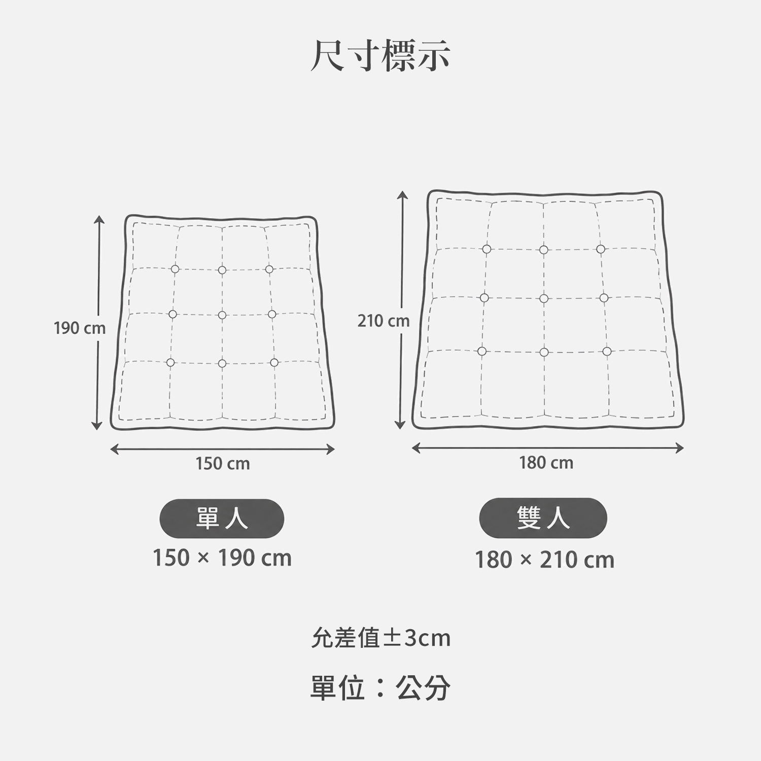 城市家居 FA-HY004Z 北境月光 60天絲素色涼被尺寸規格圖，單人150×190cm、雙人180×210cm