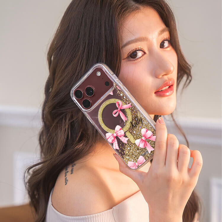 甜美韓風蝴蝶結 香檳金貝拉殼 (MagSafe) - (訂製名字) iPhone客製化手機殼