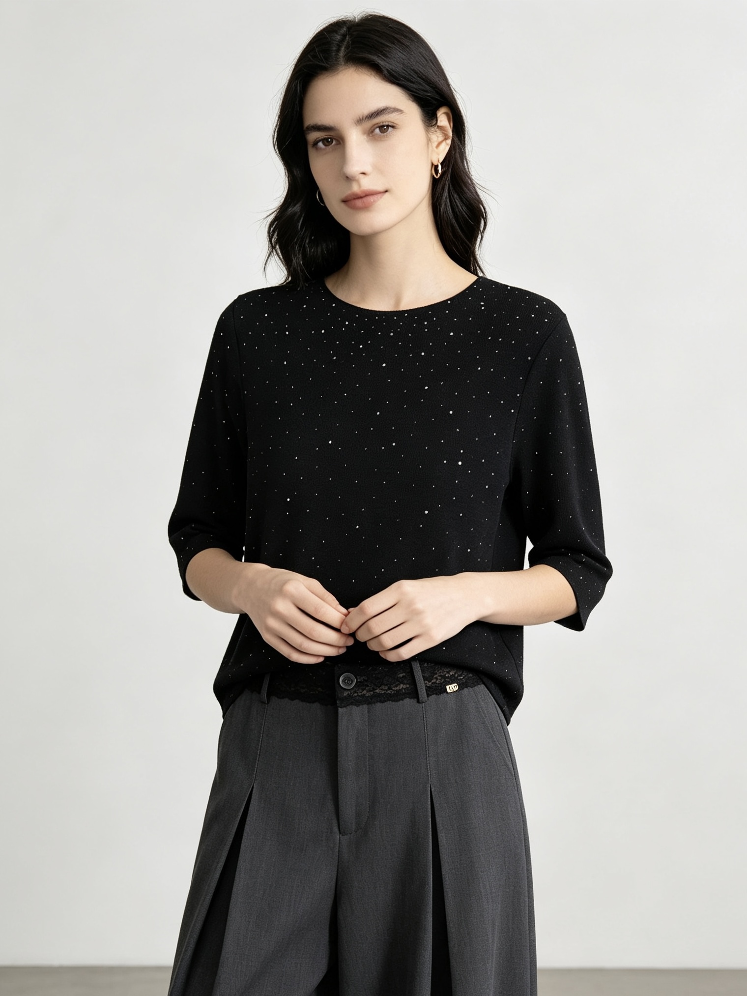 mi-tu Rhinestone Crew-Neck Knit Top