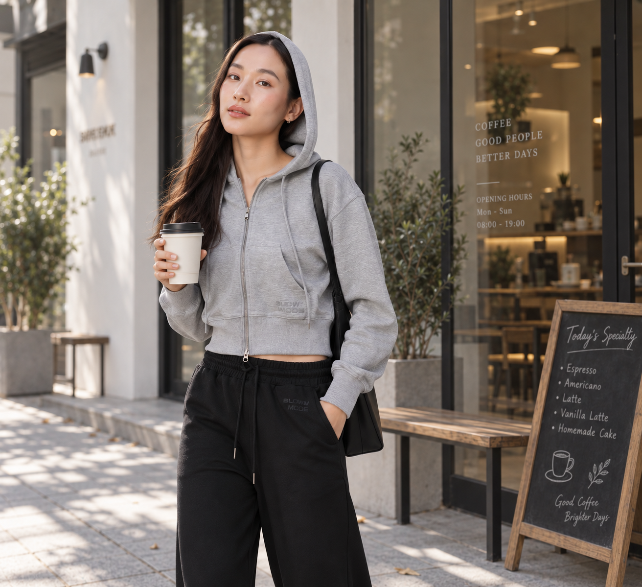 SLOWMODE 女款灰色短版連帽拉鍊外套 Lifestyle