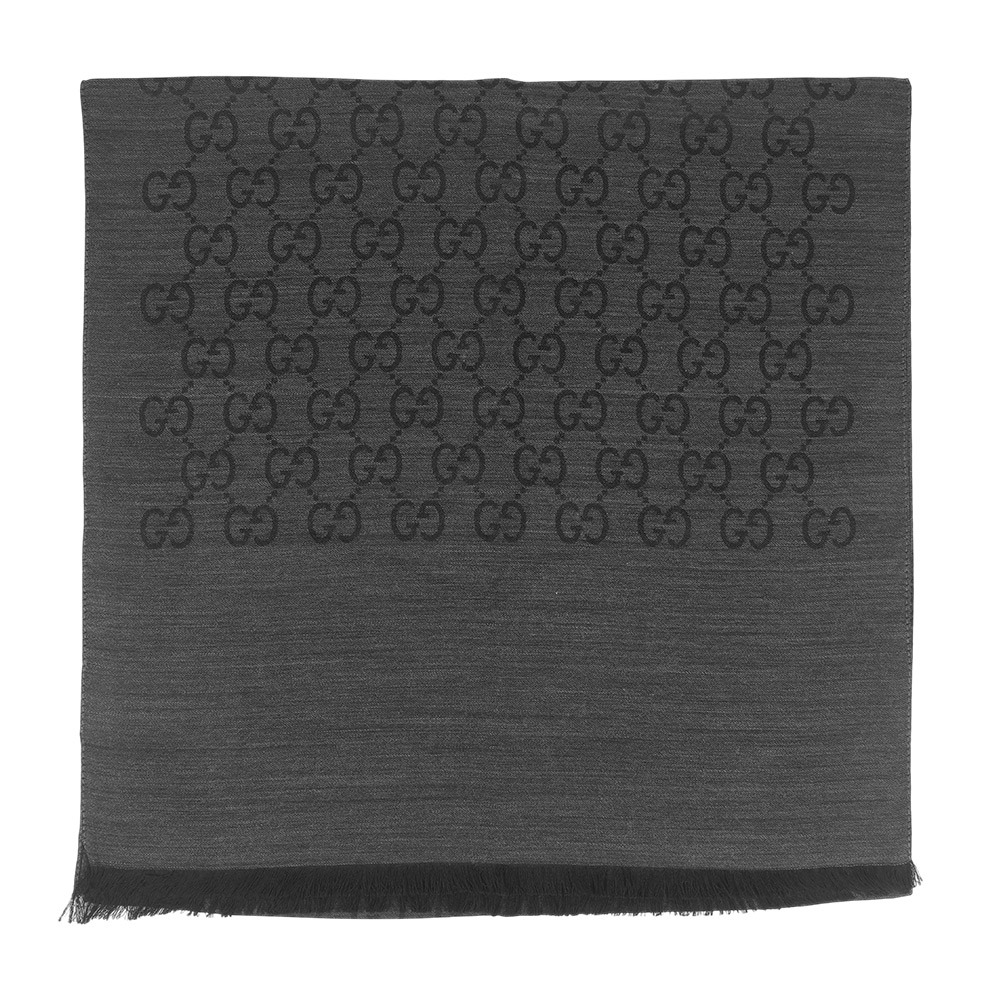 【GUCCI】GG Logo 羊毛混絲圍巾(黑色/炭灰色)