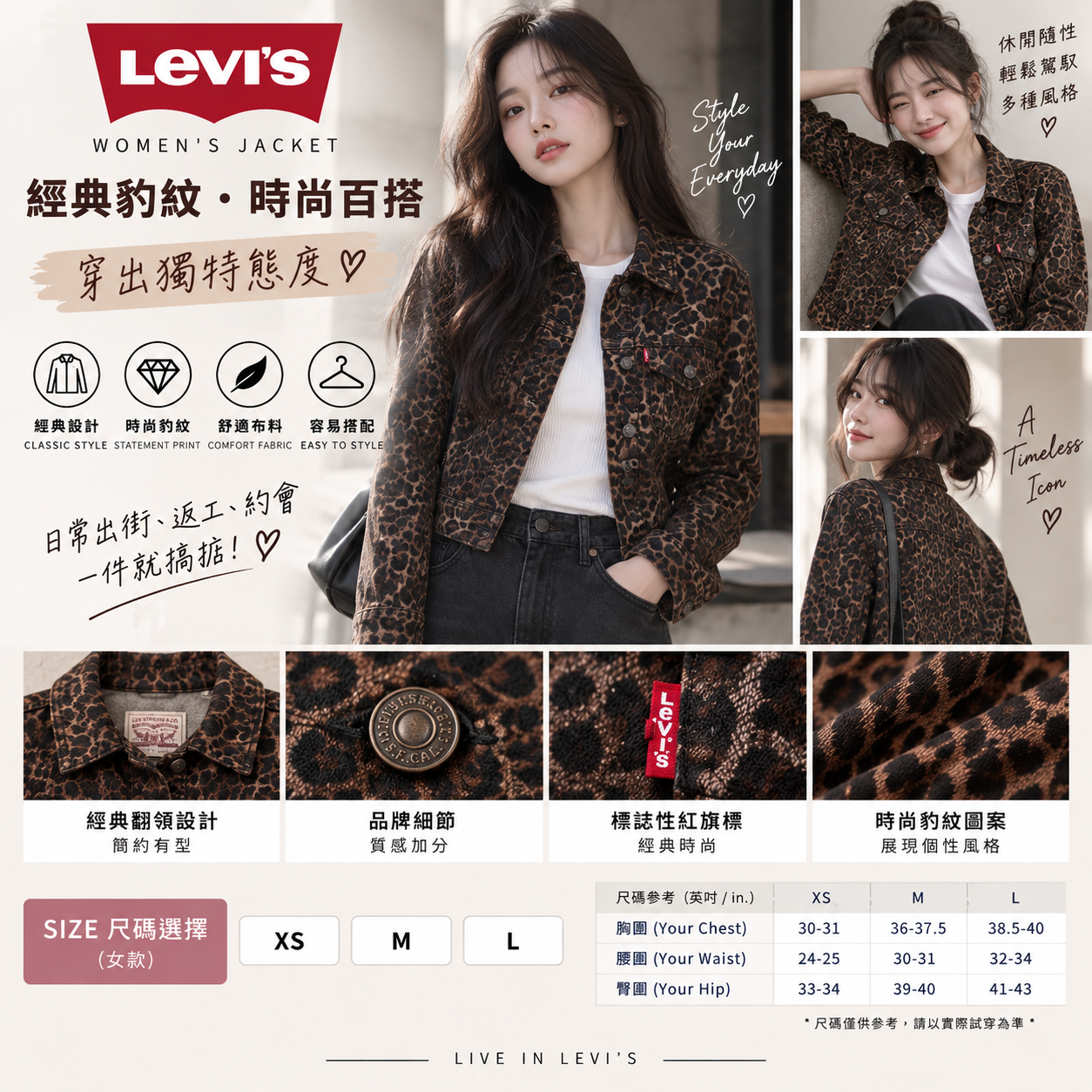 【預購】LEVIS N091810 女裝短款豹紋牛仔外套