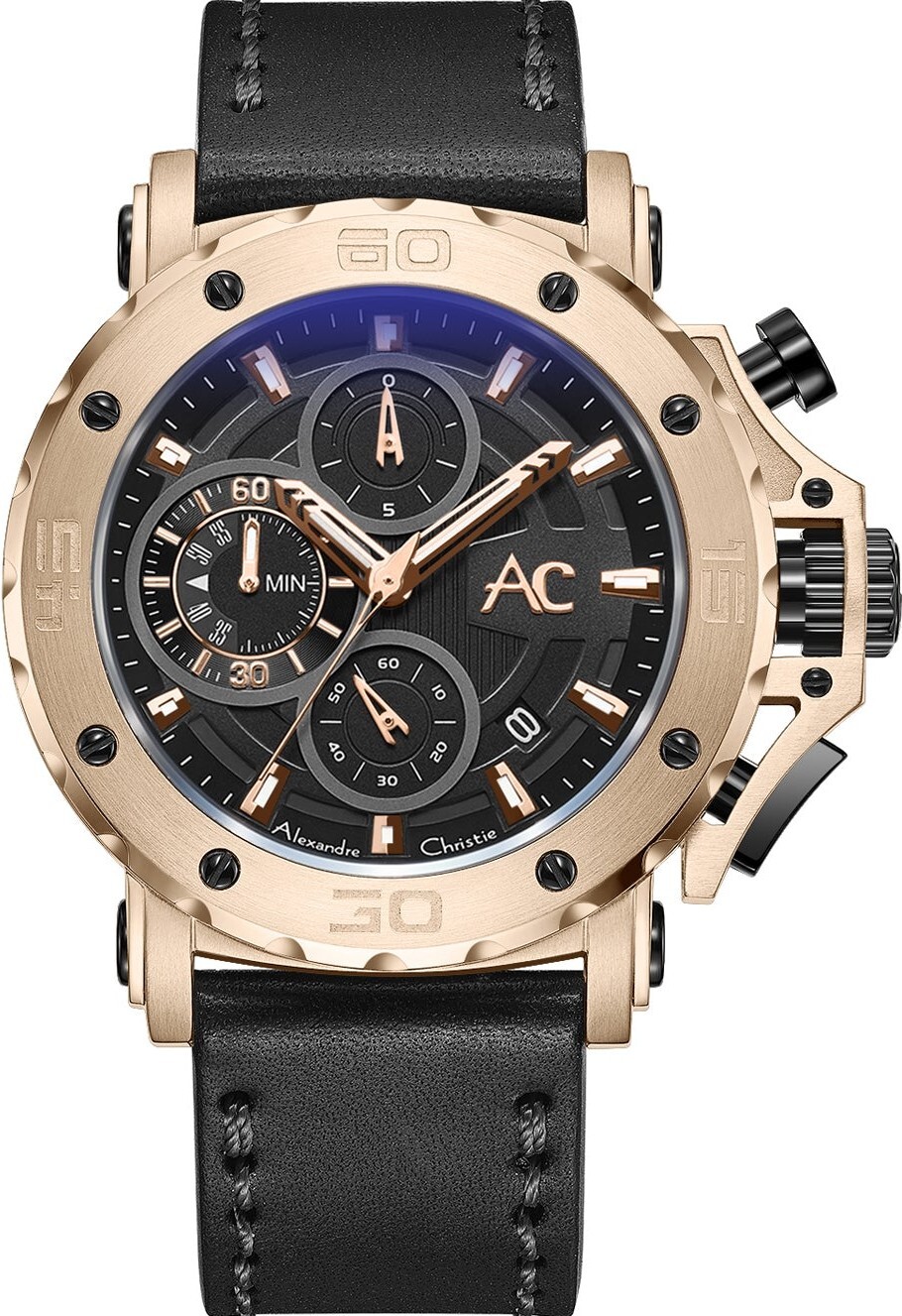 萬年鐘錶 - Alexandre Christie  9205MC系列  玫瑰金粗獷三眼計時皮革男錶 9205MCLCABA 錶徑47MM