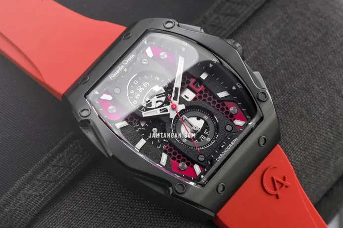 萬年鐘錶 - Alexandre Christie 酒桶型紅色三眼計時運動橡膠錶帶男錶 6608MCRIPRE 錶徑44MM