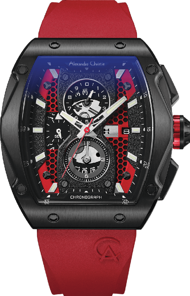 萬年鐘錶 - Alexandre Christie 酒桶型紅色三眼計時運動橡膠錶帶男錶 6608MCRIPRE 錶徑44MM