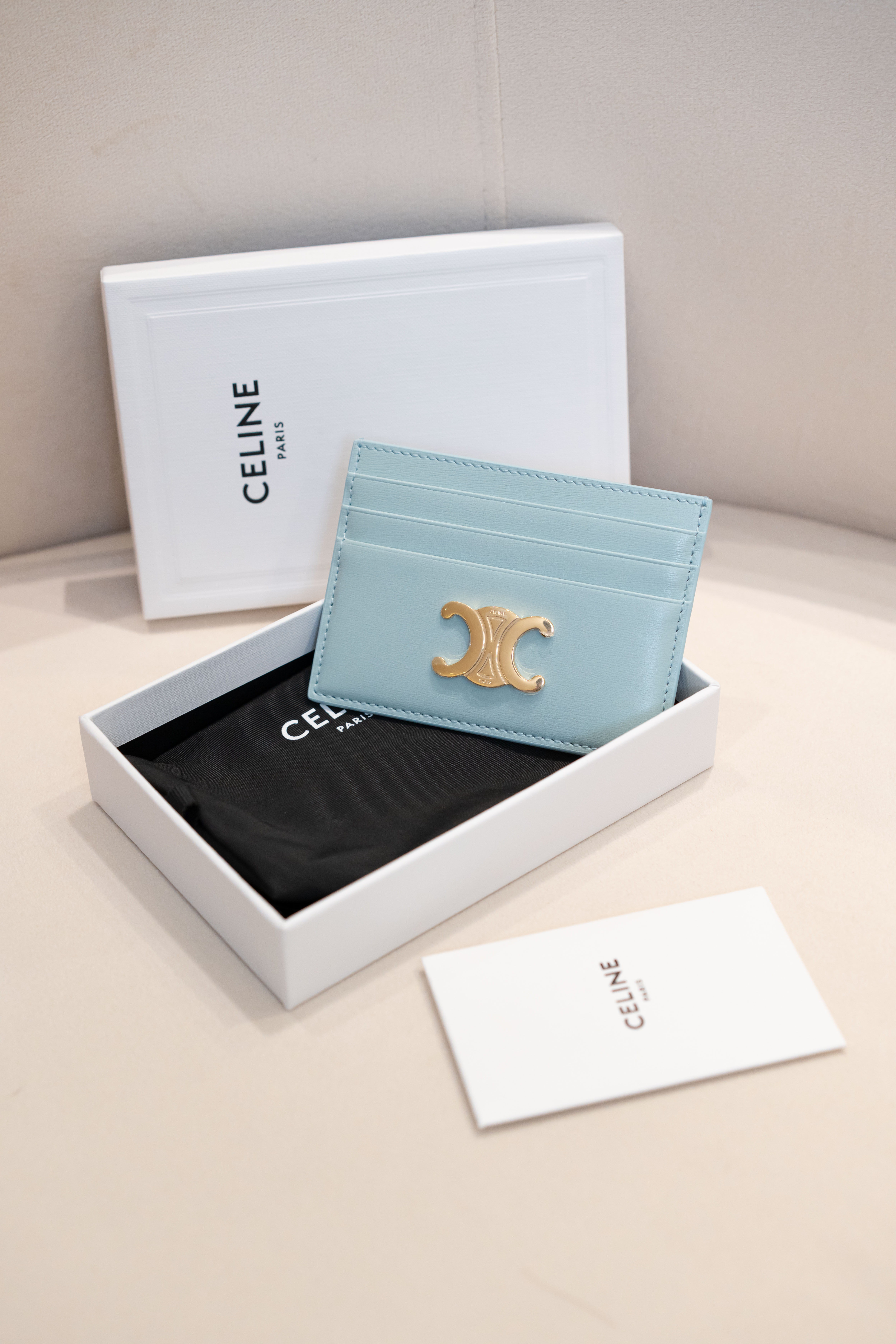 Celine Card Holder Triomphe Shiny Calfskin Powder Blue 粉藍色小牛皮卡片套 卡包