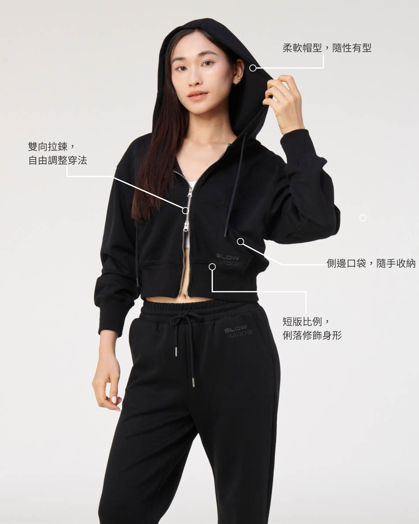 SLOWMODE 女款黑色短版連帽拉鍊外套 商品細節