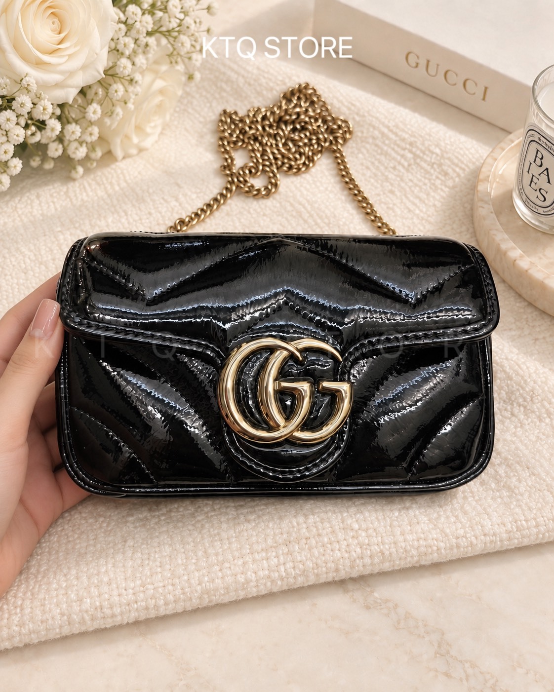 KTQ STORE ‧GUCCI 古馳 GG Marmont 淺金色五金配件 漆皮皮革超迷你斜背包 女款 黑色476433-AADP6-1000