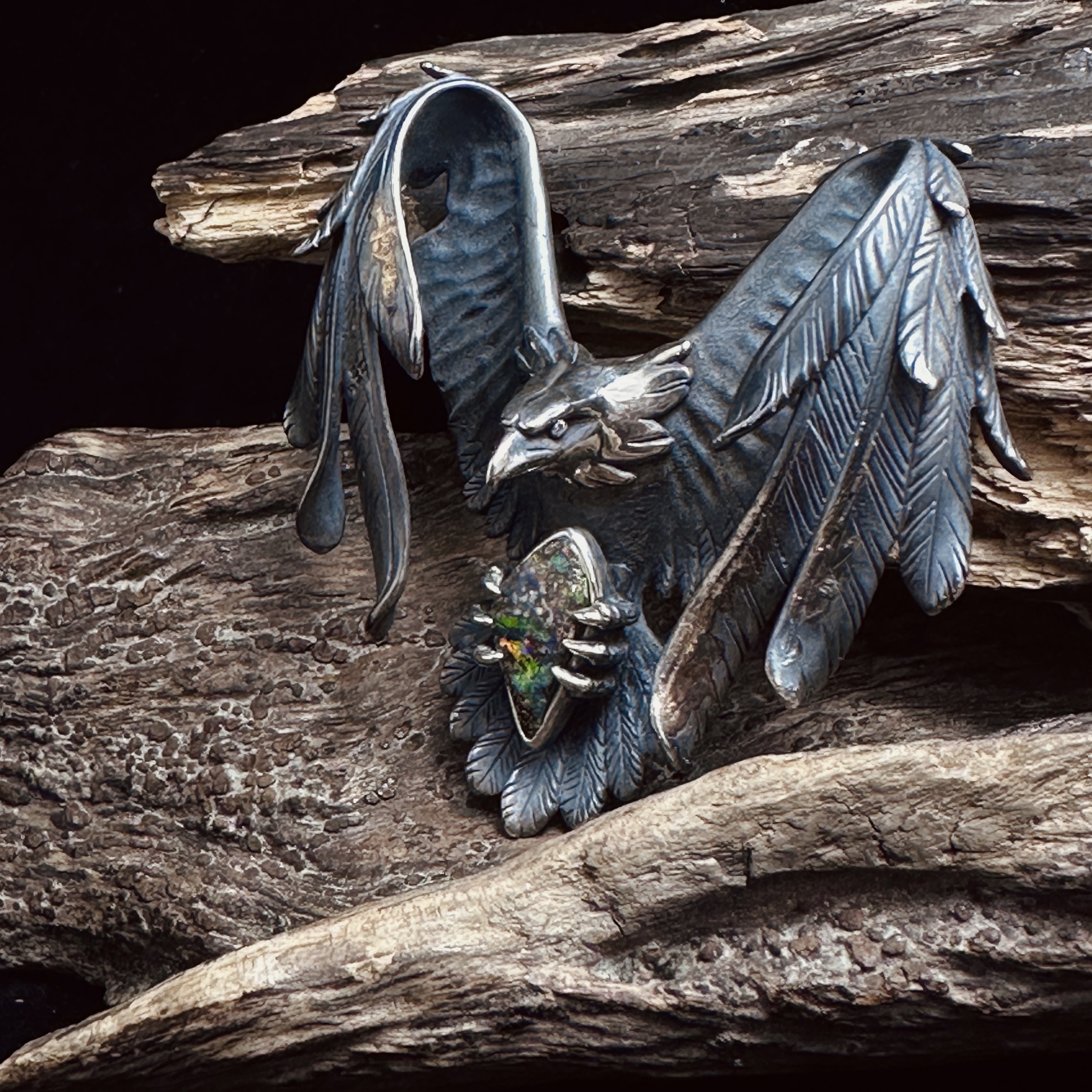 6cm 18K Gold Overlay Sterling Silver Full-Frontal Attacking Eagle with Australian Boulder Opal