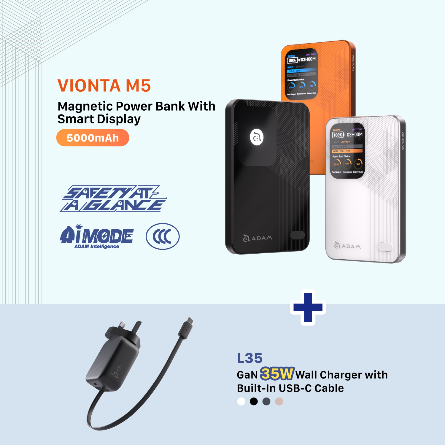 VIONTA M5 Magnetic Wireless Power Bank + L35 UK GaN 35W Wall Charger with Built-In USB-C Cable