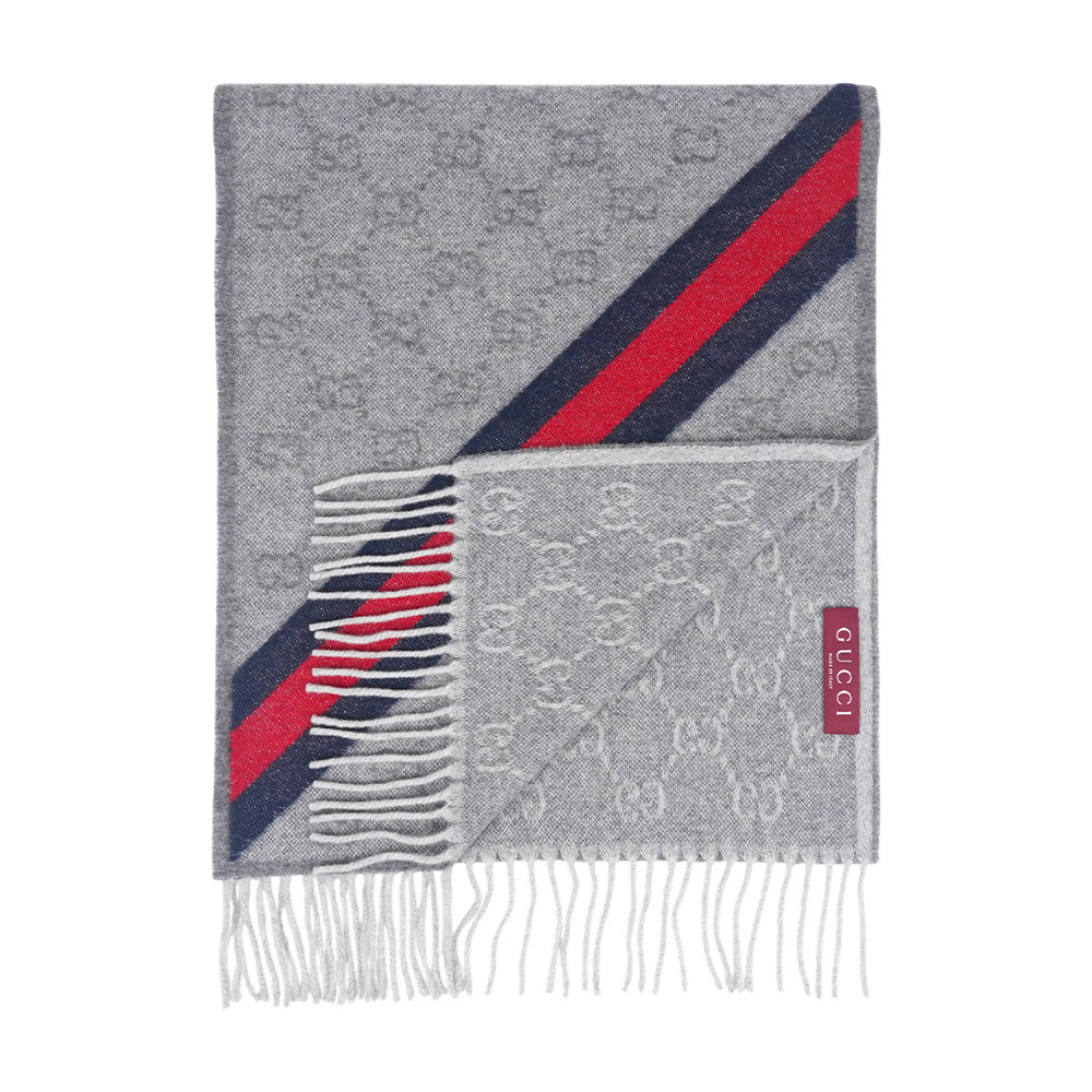 【GUCCI】GG Logo 藍紅斜條紋羊毛圍巾(灰色)