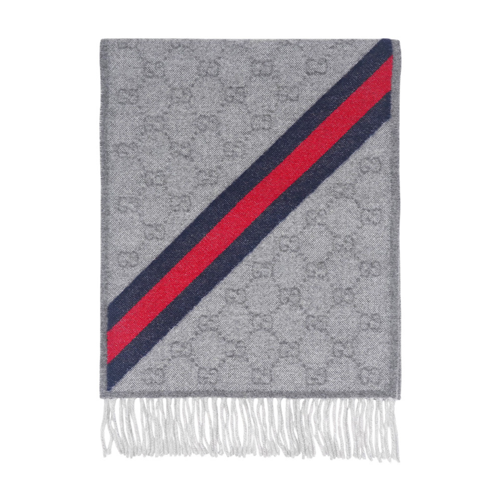 【GUCCI】GG Logo 藍紅斜條紋羊毛圍巾(灰色)
