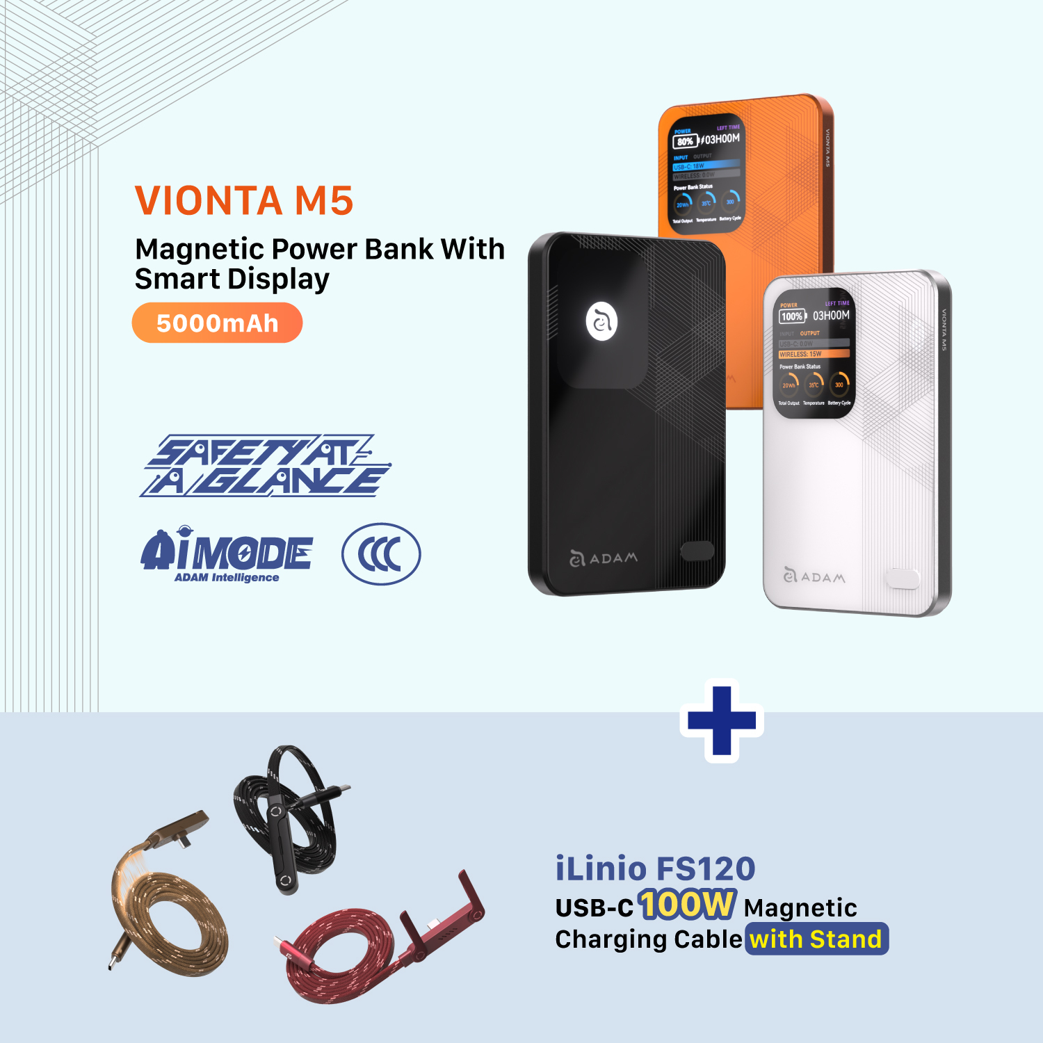 VIONTA M5 Magnetic Wireless Power Bank + iLinio FS120 USB-C 100W Magnetic Charging Cable with Stand